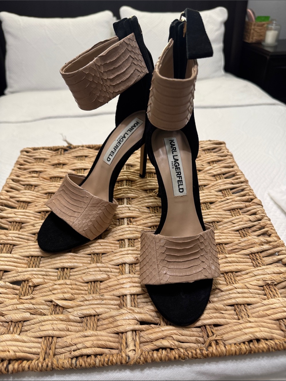 Karl Lagerfeld Black and Taupe Textured Ankle-Strap Stiletto Heels Never Worn!